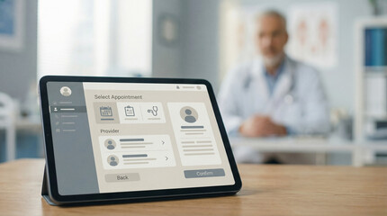 Tablet showing a medical appointment booking application screen with a blurred doctor in a white coat sitting at a desk in the background, representing modern digital healthcare and telemedicine
