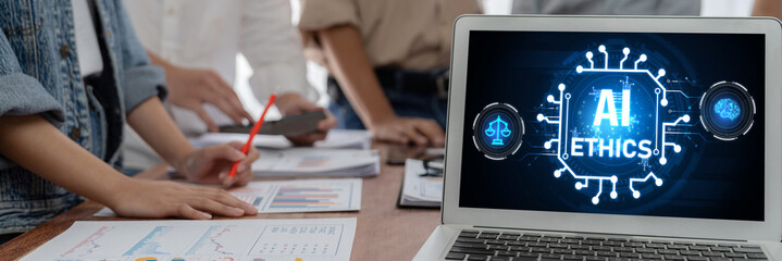 AI ethics responsibility standard law and rules on computer screen provide report of AI ethic...