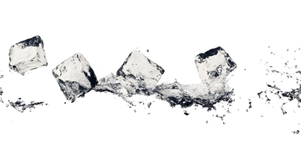 flying ice cubes with water splash isolated on white