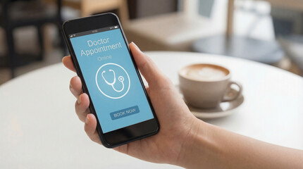 Hand holding a smartphone displaying an application for booking a doctor appointment online. With a cup of coffee on a white table in the background. Symbolizing convenient digital healthcare booking