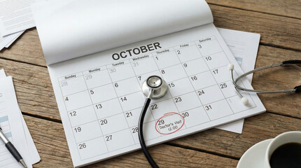 October calendar displaying the date 29 circled in red with doctor's visit 12,00 marked, a stethoscope lying across pages, signifying important medical appointments and health planning