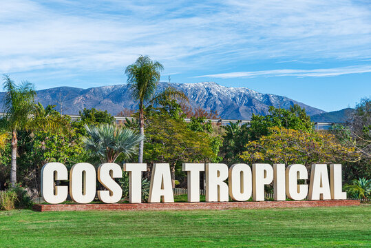Decorative sign with the words Costa Tropical among trees and palm trees, with snowcapped mountains in the background, Motril, Granada, Spain
