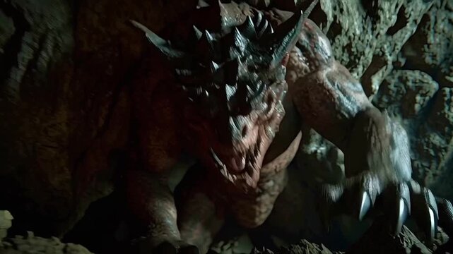 Fearsome mythological creature with sharp teeth roaring aggressively inside a dark, rocky cavern, showing its power and fury while threatening anyone who dares to approach its lair