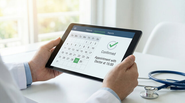Doctor hands holding a digital tablet with a calendar interface showing a green checkmark for a confirmed medical appointment, symbolizing efficient online healthcare scheduling - Powered by Adobe