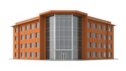 Modern office building with glass facade and brick exterior isolated on transparent background