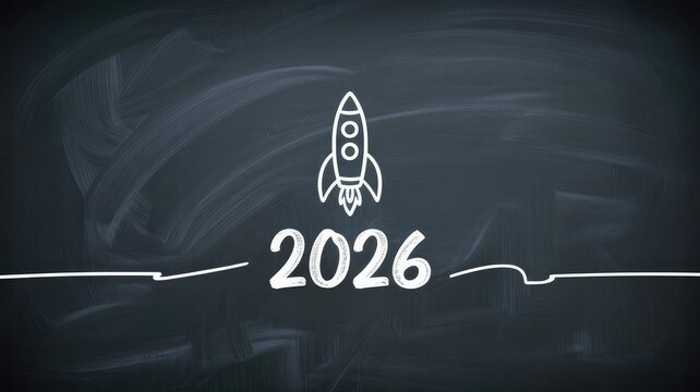 Futuristic 2026 vision with rocket launch on blackboard background