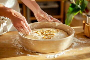 Hands Kneading Artisanal Bread Dough on Flour Dusted Surface