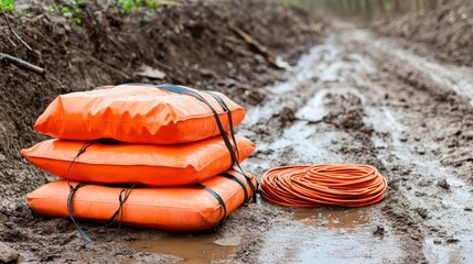 Orange flotation devices stacked neatly beside coiled rope on wet muddy ground preparing for water activity