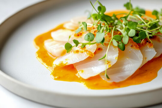 Thinly Sliced Fish Tiradito with Aji Amarillo Sauce and Microgreens
