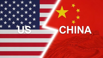 USA and China Trade Relations: Cargo Ships in Industrial Port with National Flags
