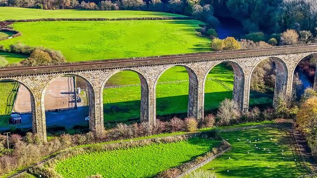 A close up rotating aerial view of the cefn viaduct near Chirk, Wales