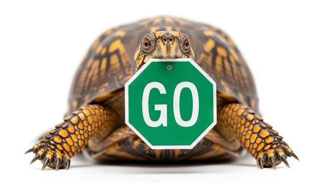 turtle holding a green go sign, road sign, on a white background, animal graphic