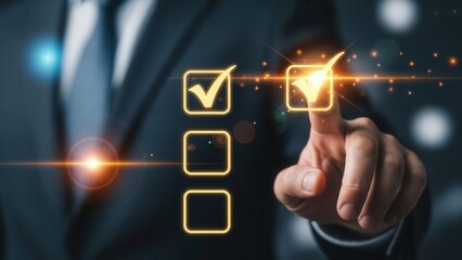 Businessman checking a glowing digital checklist, confirming task completion on a virtual interface.