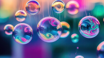 Perfectly formed glass bubbles filled with colorful swirls and reflections suspended in light