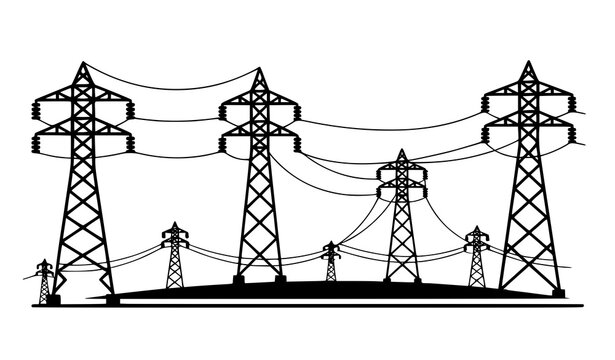 High-voltage transmission tower and power grid icon set for energy and electrical infrastructure