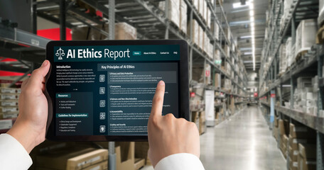 AI ethics responsibility standard law and rules on computer screen provide report of AI ethic...