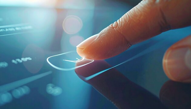 Digital Interaction: A close-up shot of a finger touching a screen, highlighting technological interaction and digital connection.  - Powered by Adobe