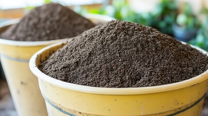 Piles of sifted dark fine earth for pottery or soil in containers