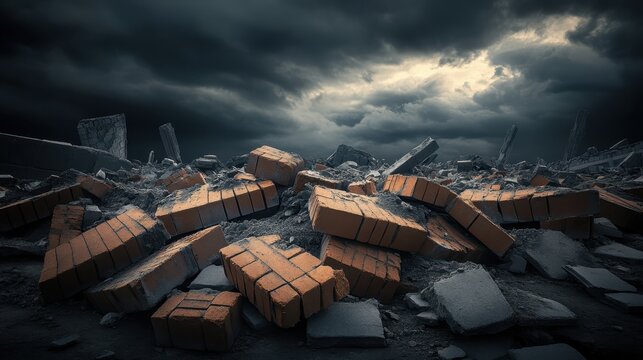 Piles of broken bricks and mortar fragments forming a scene of destruction and urban decay under a stormy sky