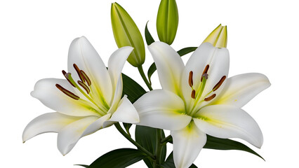 Obraz premium White Lily Flowers with Green Leaves isolated PNG with Transparent Background