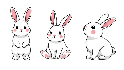 Fototapeta premium Set of 3 cute cartoon rabbits vector illustration isolated PNG with Transparent Background
