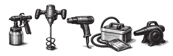 A detailed engraving-style illustration showcasing diverse construction tools set against a clean, white backdrop, perfect for manuals, DIY guides and educational materials.