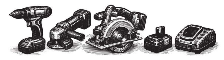 Hand drawn illustration showing a drill, grinder, saw and battery against white, ideal for DIY and construction concepts.
