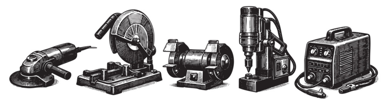 A monochrome illustration showcases five metalworking tools, including a grinder, saw, bench grinder, drill press, and welder, with detailed linework and textures.