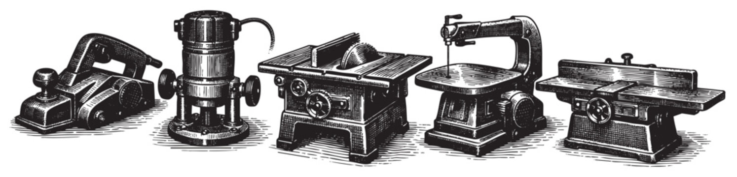 Retro style illustration features woodworking power tools, including a planer, router, table saw, jig saw, and jointer, evoking a vintage craftsman aesthetic.