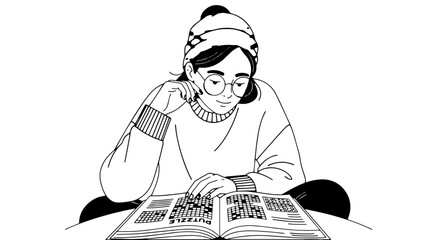 Stylized illustration of a person reading a book in a cozy indoor setting for focus and study.