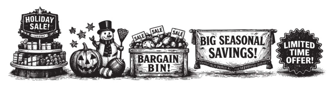 Festive black and white illustration of holiday savings including a snowman, pumpkin, presents and promotional sales for seasonal marketing campaigns.