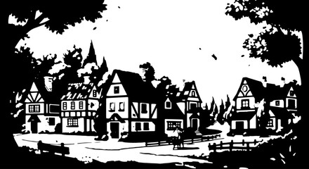 Obraz premium Silhouette of quaint village houses with trees and rooftops.