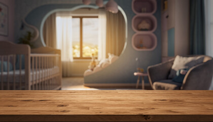 Empty wooden table on blurred background depicting children play area 