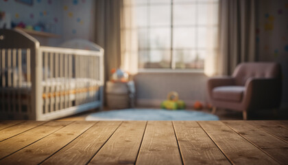 Empty wooden table on blurred background depicting children play area 
