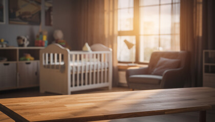 Empty wooden table on blurred background depicting children play area 