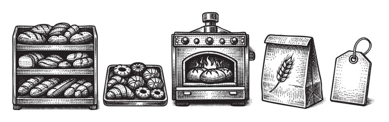 Black and white illustration showcases a bakery with various breads, pastries, an old-fashioned oven, a flour sack and a tag, giving a vintage aesthetic.