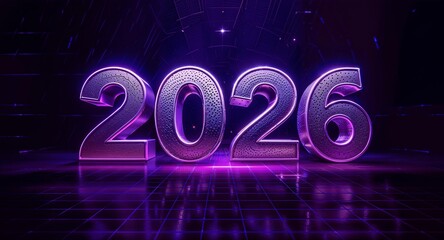 3D Neon 2026 Text on Futuristic Cyberpunk Grid Background