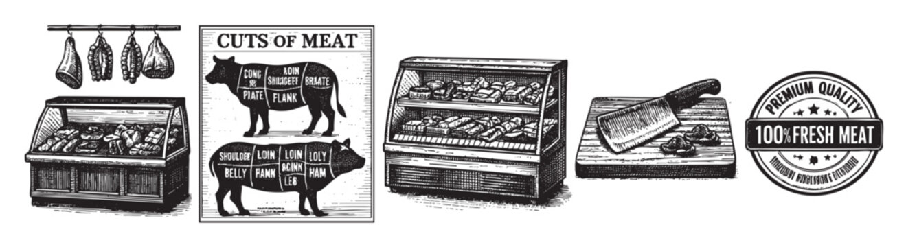 Detailed black and white illustration showing butcher shop elements like cuts of meat chart, display case, knife, and hanging meats, suitable for graphic design.