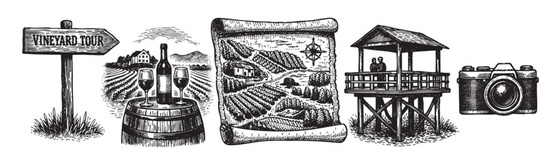 Obraz premium Detailed black and white illustration showcasing a vineyard tour with wine tasting, a vineyard map, scenic overlook, and a vintage camera, perfect for winery branding.