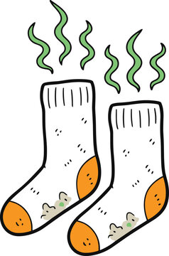 Cartoon smelly socks with odor lines and mice, hygiene humor concept, dirty laundry artwork, flat vector illustration