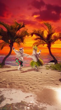 3D Animation  of Polar Bears Dancing on Tropical Beach at Sunset, Romantic Travel Getaway with Exotic Island, Palm Trees, Ocean Waves, Paradise Holiday