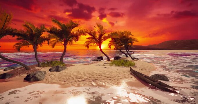 3D Animation of Tropical Beach at Sunset, Romantic Travel Getaway with Exotic Island, Palm Trees, Ocean Waves, Paradise Holiday
