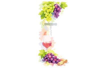 Obraz premium Watercolor grapes and wine composition with corkscrew and wineglass