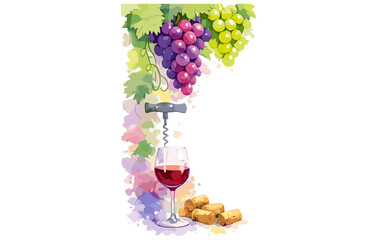 Obraz premium Vibrant grapes and wine glass with corks and corkscrew