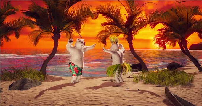 3D Animation  of Polar Bears Dancing on Tropical Beach at Sunset, Romantic Travel Getaway with Exotic Island, Palm Trees, Ocean Waves, Paradise Holiday