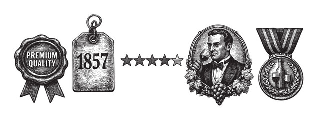An illustration featuring vintage style wine related labels, rating stars, and medal award engravings, ideal for branding or marketing content about wine quality.