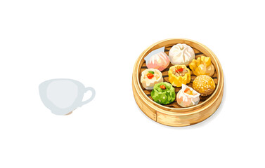 Assorted dim sum basket with steaming cup on white background