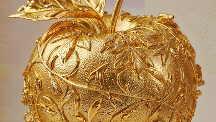 Luxurious Golden Apple with Intricate Filigree Engravings and Glittering Details