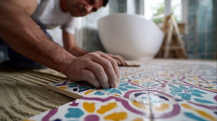 Obraz premium tiling a colorful bathroom, the foreground features an indian man focused on placing a vibrant encaustic tile on a dusty bathroom floor with a blurry high-end bathroom in the background
