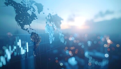 Global Economic Trends: A captivating view of the world, highlighting interconnected financial charts and a network of cities beneath a sky filled with digital glow.